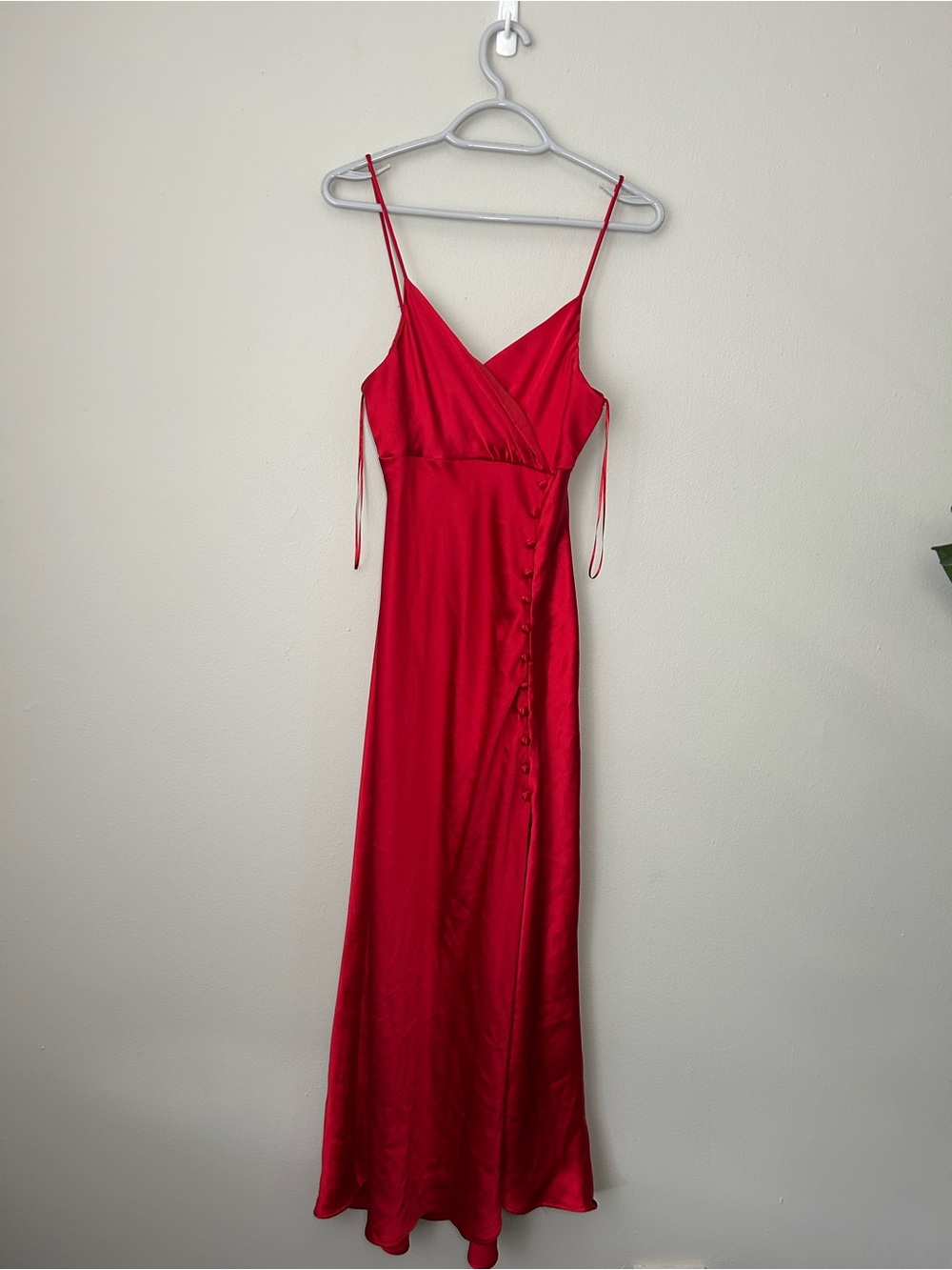 Zara Red Satin Maxi Slip Dress with Side Button Detail